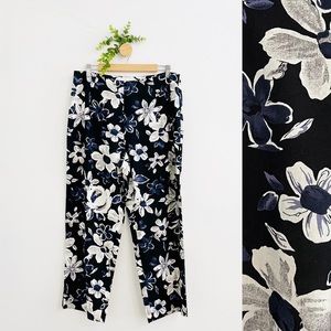 First Option Linen Blend Black Floral Cropped Lagenlook Pants